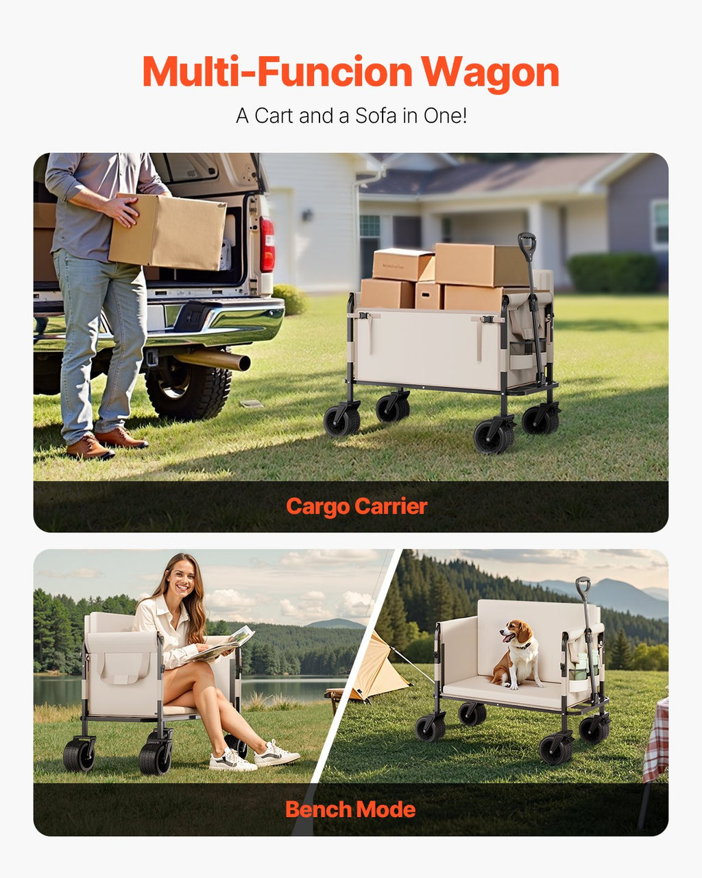 Collapsible Folding Wagon, 550lb Load & 220L, 2 in 1 Foldable Wagon Sapphire Castor