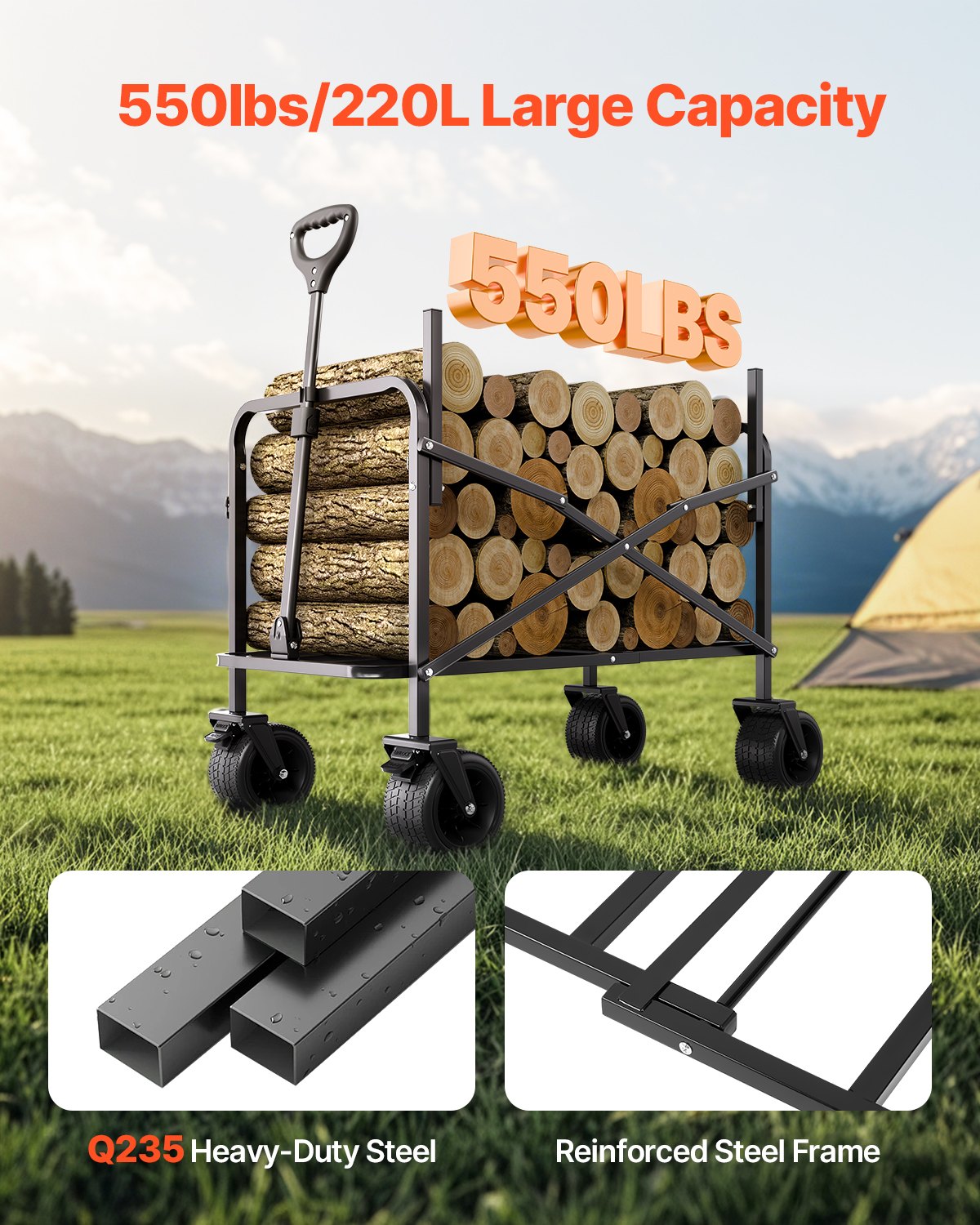 Collapsible Folding Wagon, 550lb Load & 220L, 2 in 1 Foldable Wagon Sapphire Castor