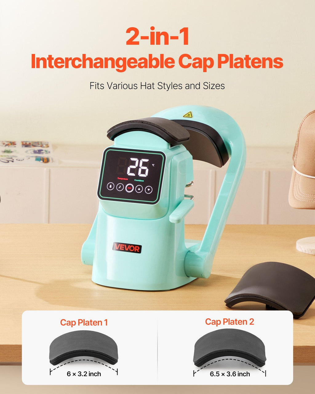 Auto Hat Heat Press Machine, with 2pcs Interchangeable Platens, Sapphire Castor