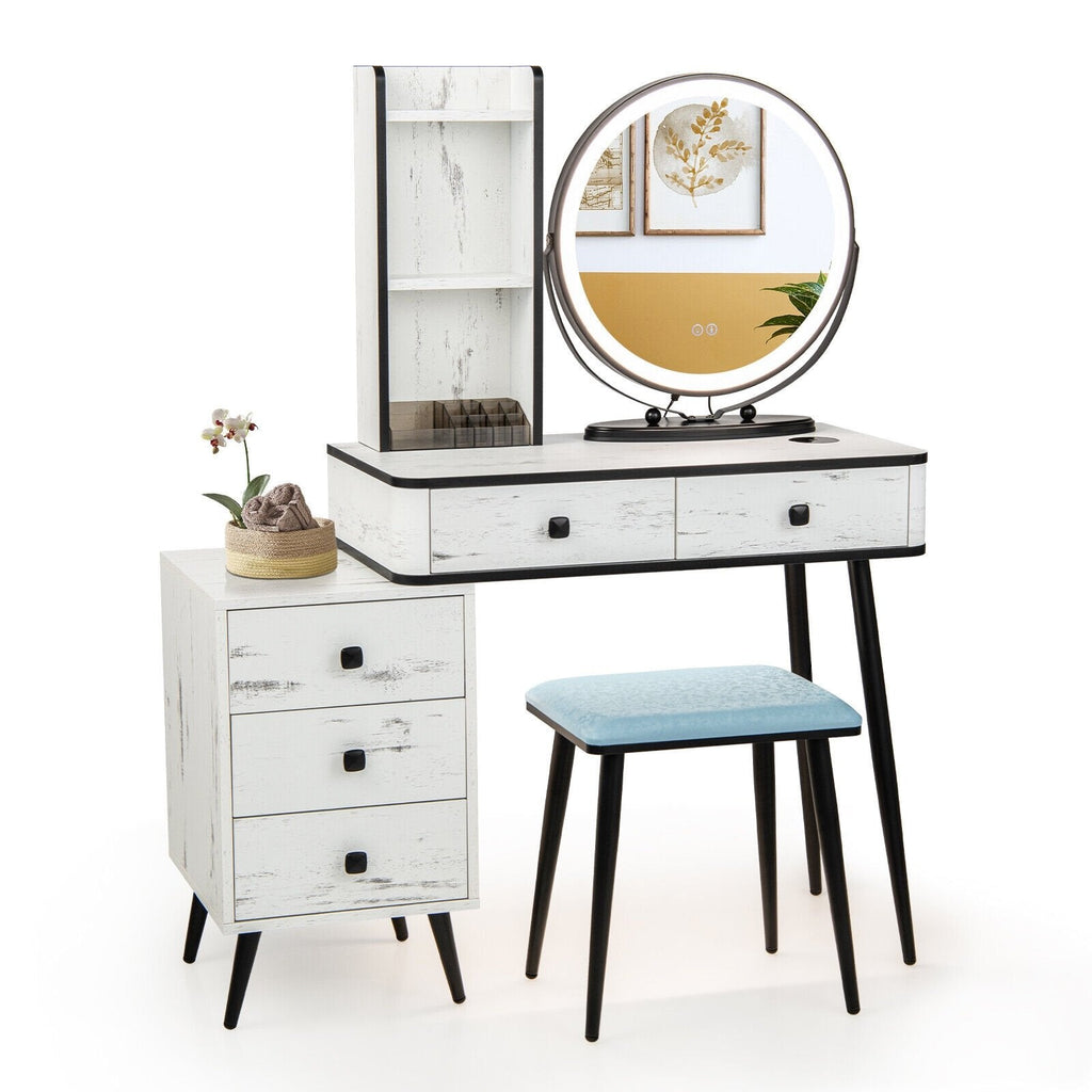 Ensemble coiffeuse avec miroir lumineux 3 couleurs et tabouret rembourré - Blanc