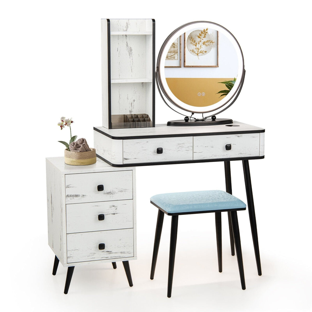Ensemble coiffeuse avec miroir lumineux 3 couleurs et tabouret rembourré - Blanc