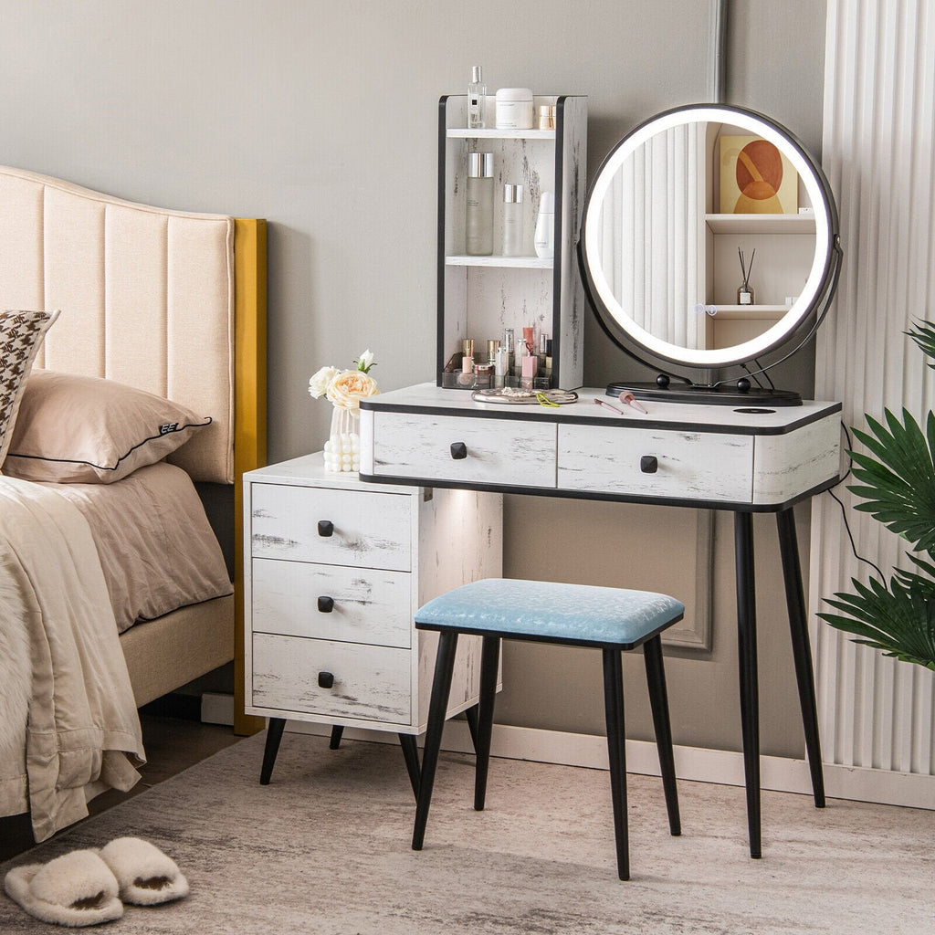 Ensemble coiffeuse avec miroir lumineux 3 couleurs et tabouret rembourré - Blanc