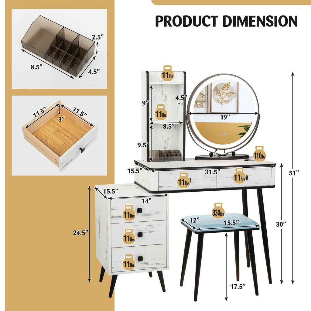 Ensemble coiffeuse avec miroir lumineux 3 couleurs et tabouret rembourré - Blanc
