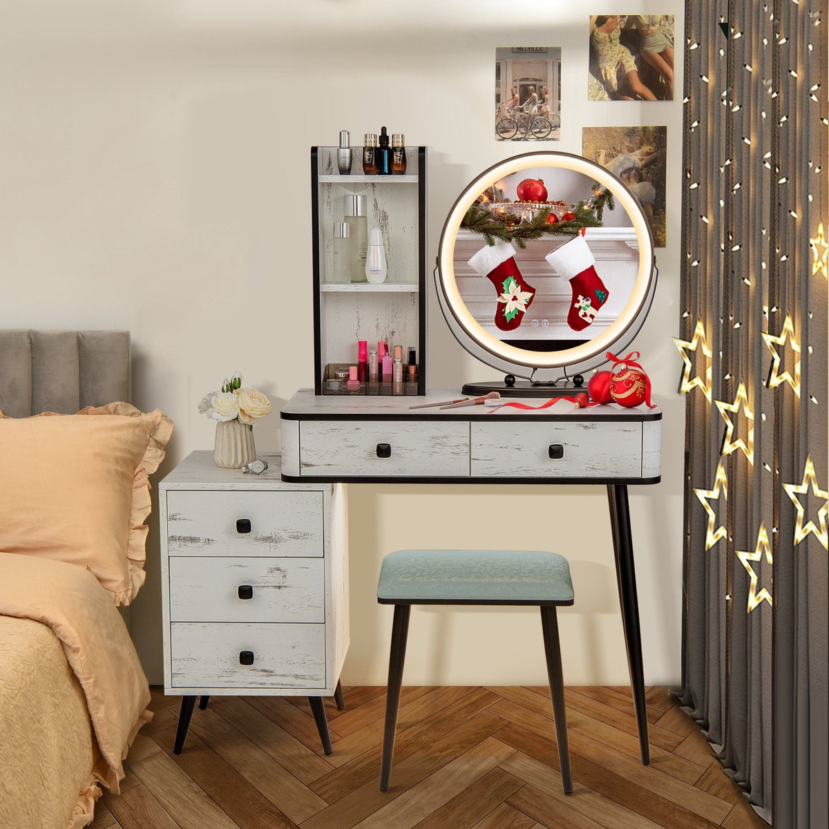 Ensemble coiffeuse avec miroir lumineux 3 couleurs et tabouret rembourré - Blanc