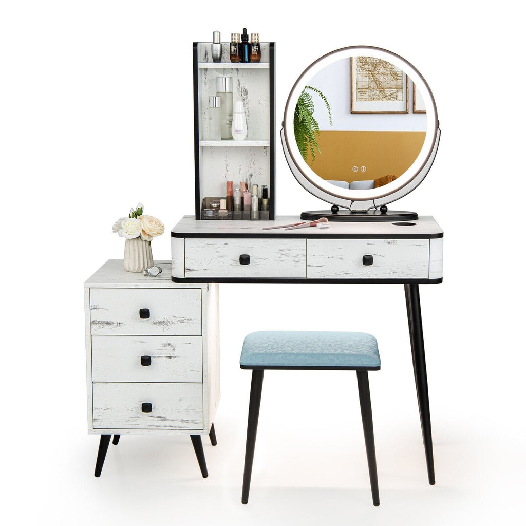Ensemble coiffeuse avec miroir lumineux 3 couleurs et tabouret rembourré - Blanc