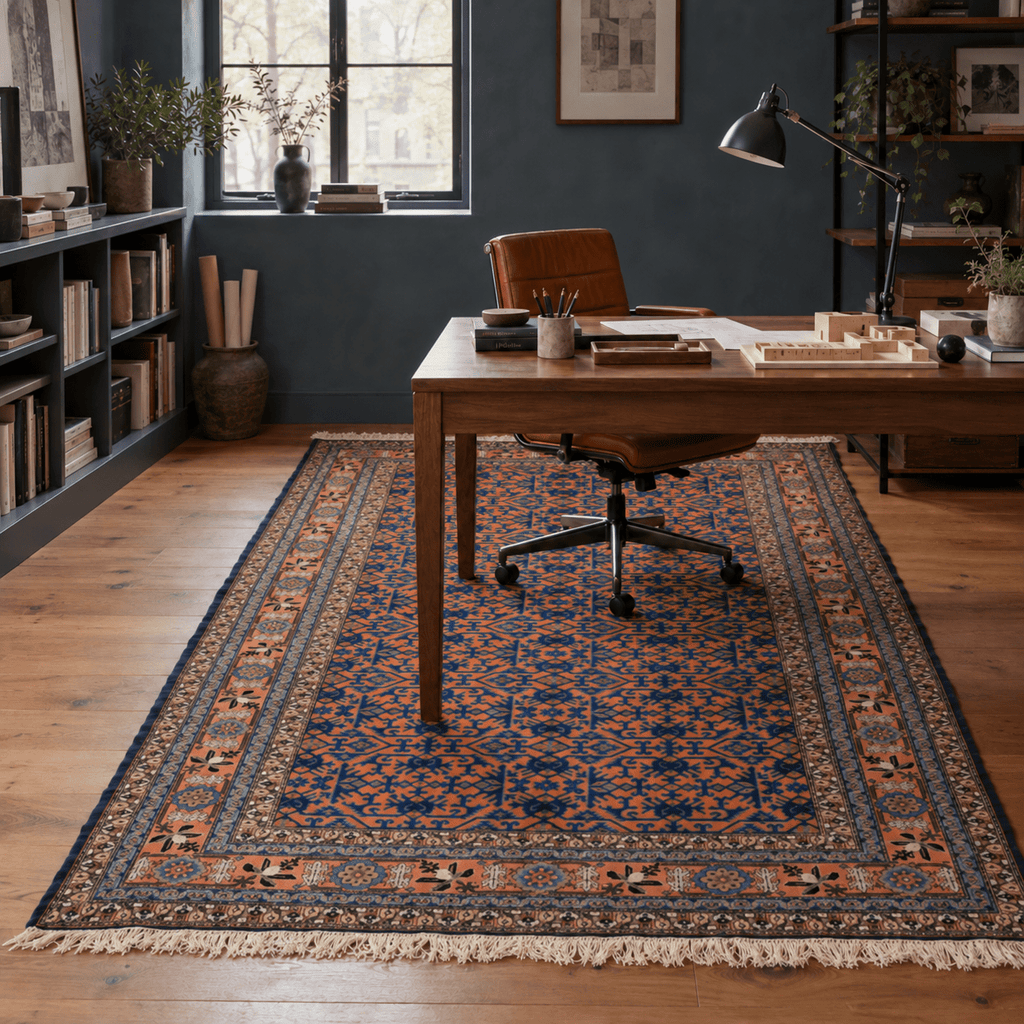 Persian Ardabil Rug — Apricot & Indigo Mahi Field | 5'9" × 9'