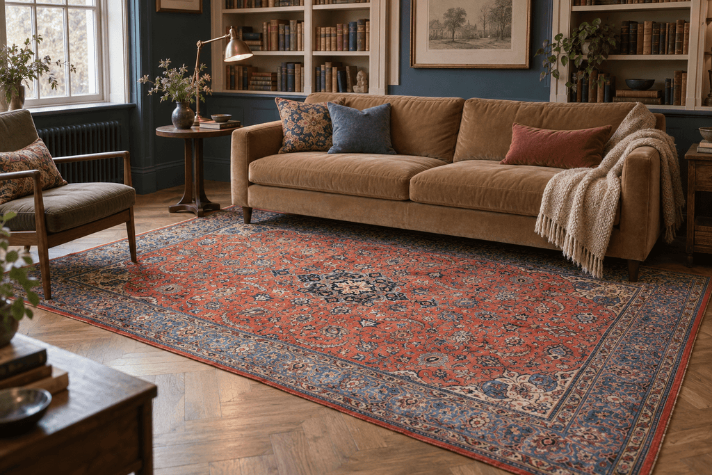 Persian Sarouk Rug — Coral Florals & Sapphire Border | 6'7" × 10'2"