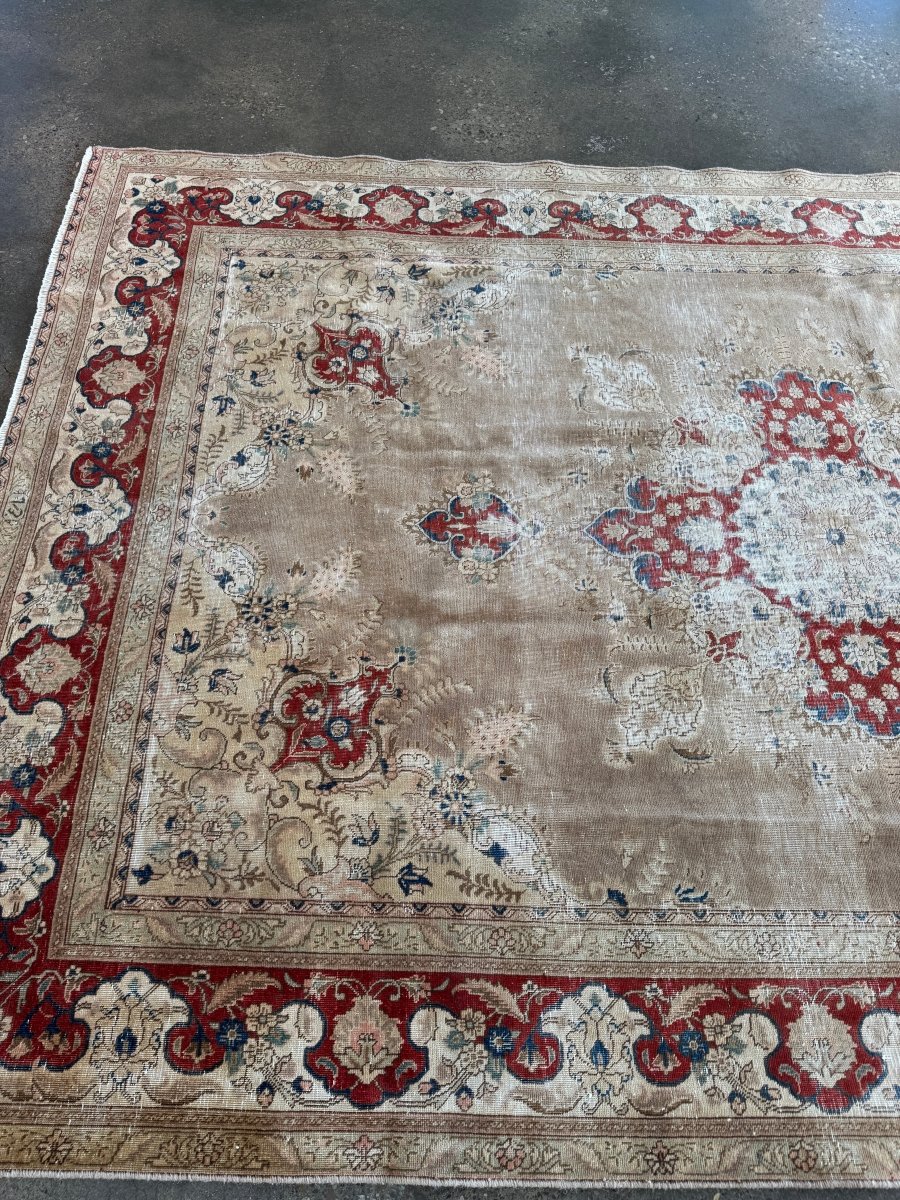 Persian Tabriz Rug — Ruby Florals on Soft Taupe | 7'5" × 11'4"