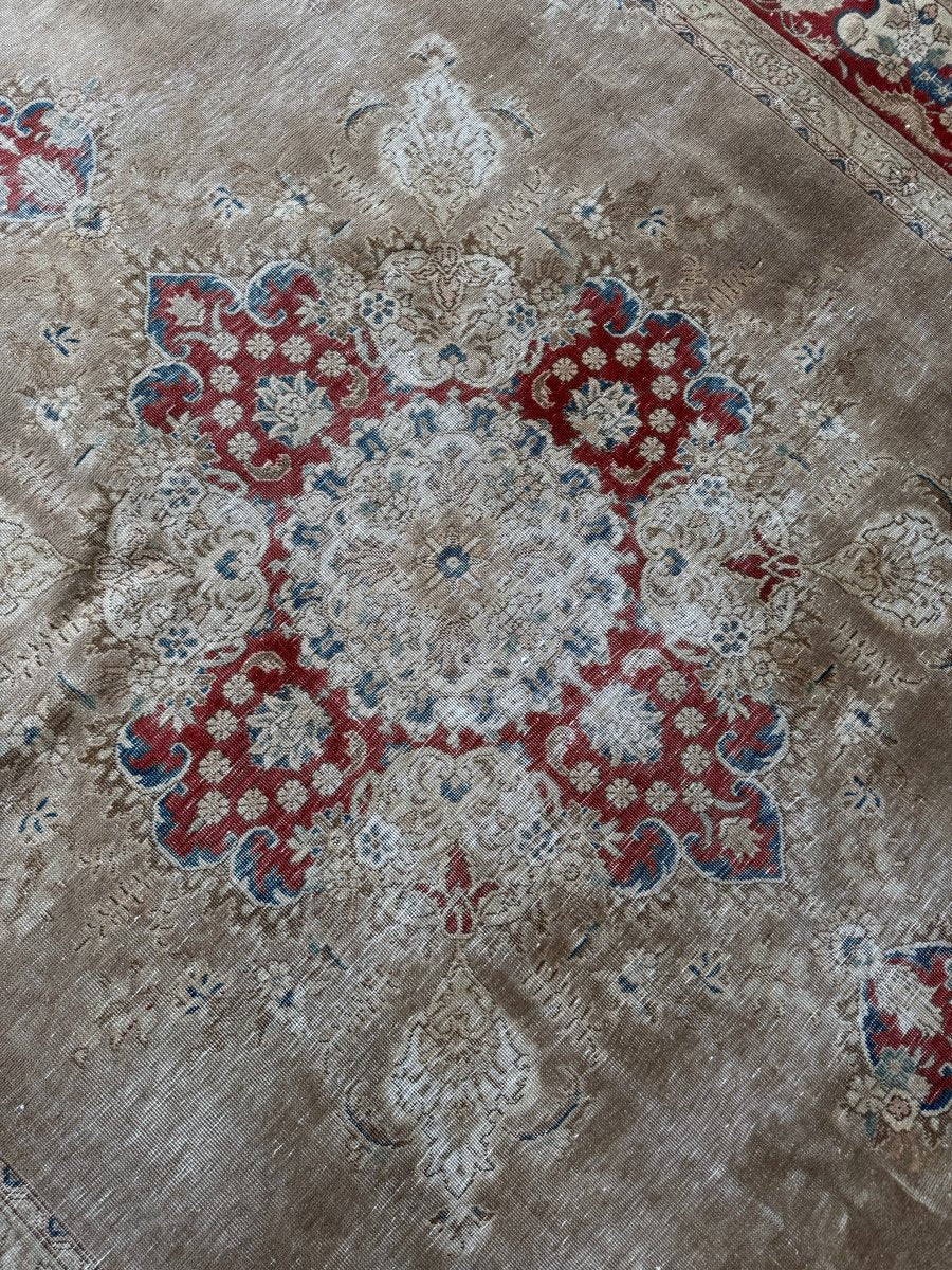 Persian Tabriz Rug — Ruby Florals on Soft Taupe | 7'5" × 11'4"