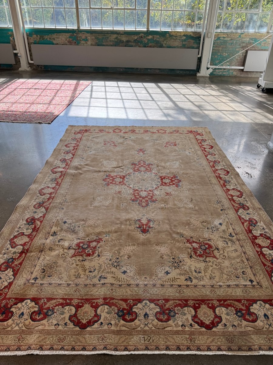 Persian Tabriz Rug — Ruby Florals on Soft Taupe | 7'5" × 11'4"