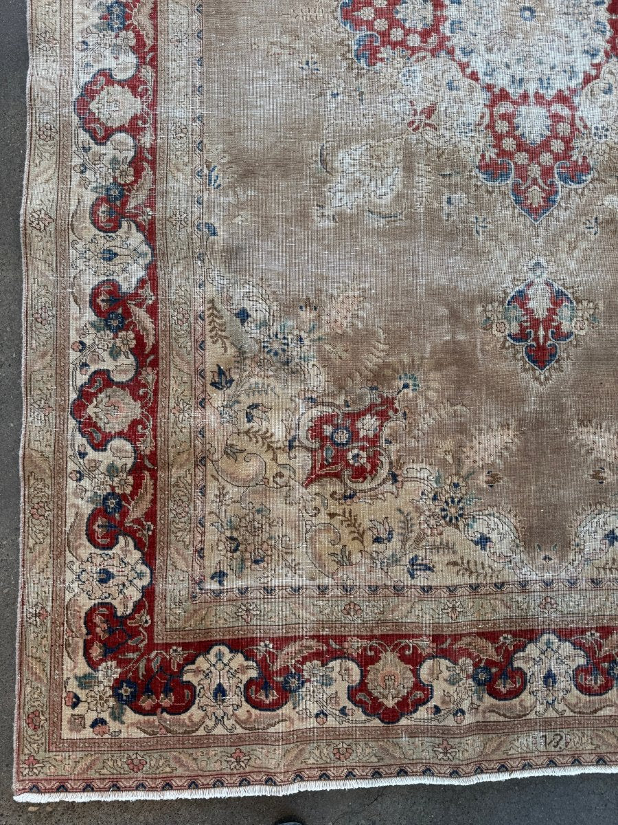 Persian Tabriz Rug — Ruby Florals on Soft Taupe | 7'5" × 11'4"