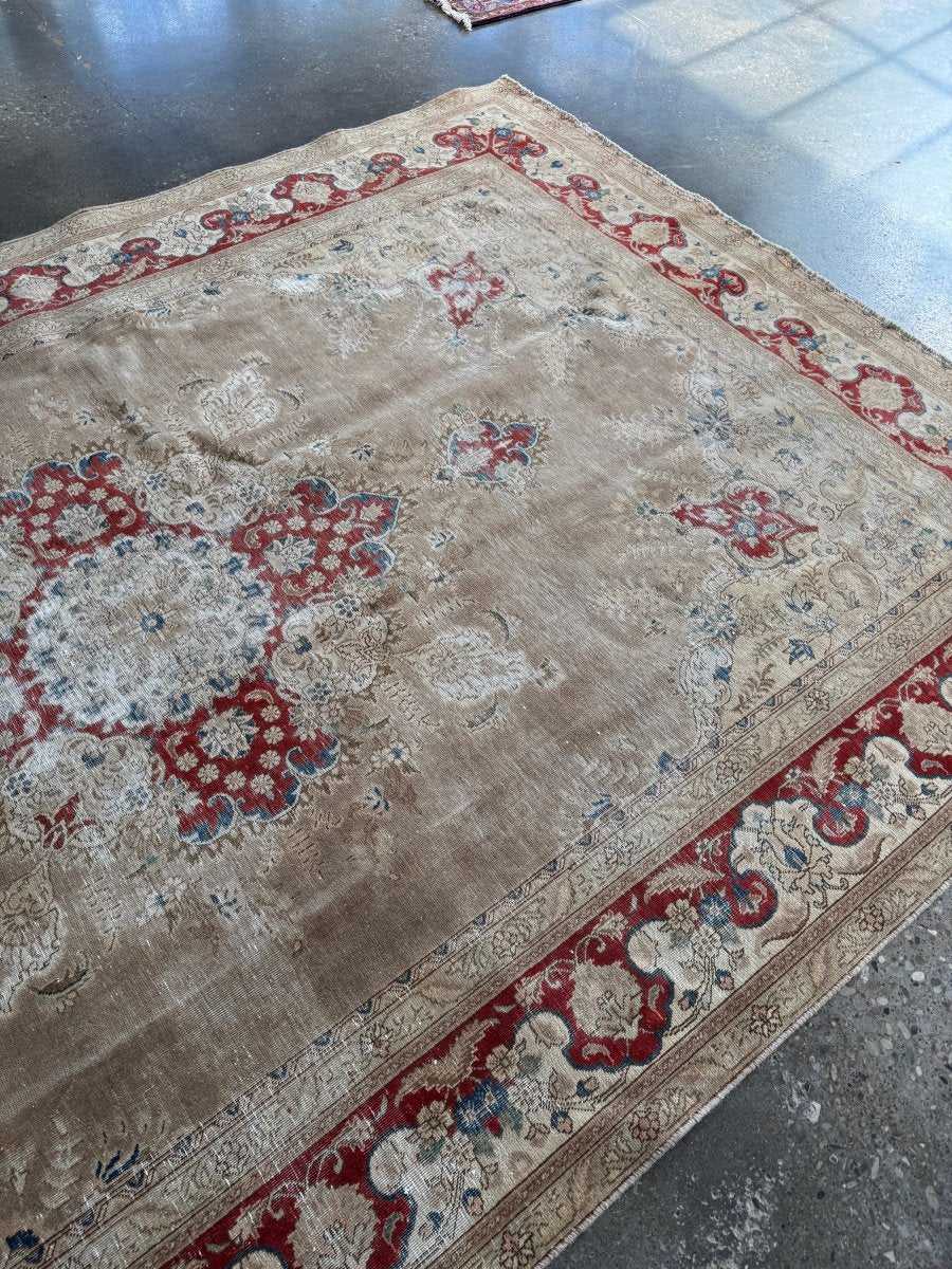 Persian Tabriz Rug — Ruby Florals on Soft Taupe | 7'5" × 11'4"