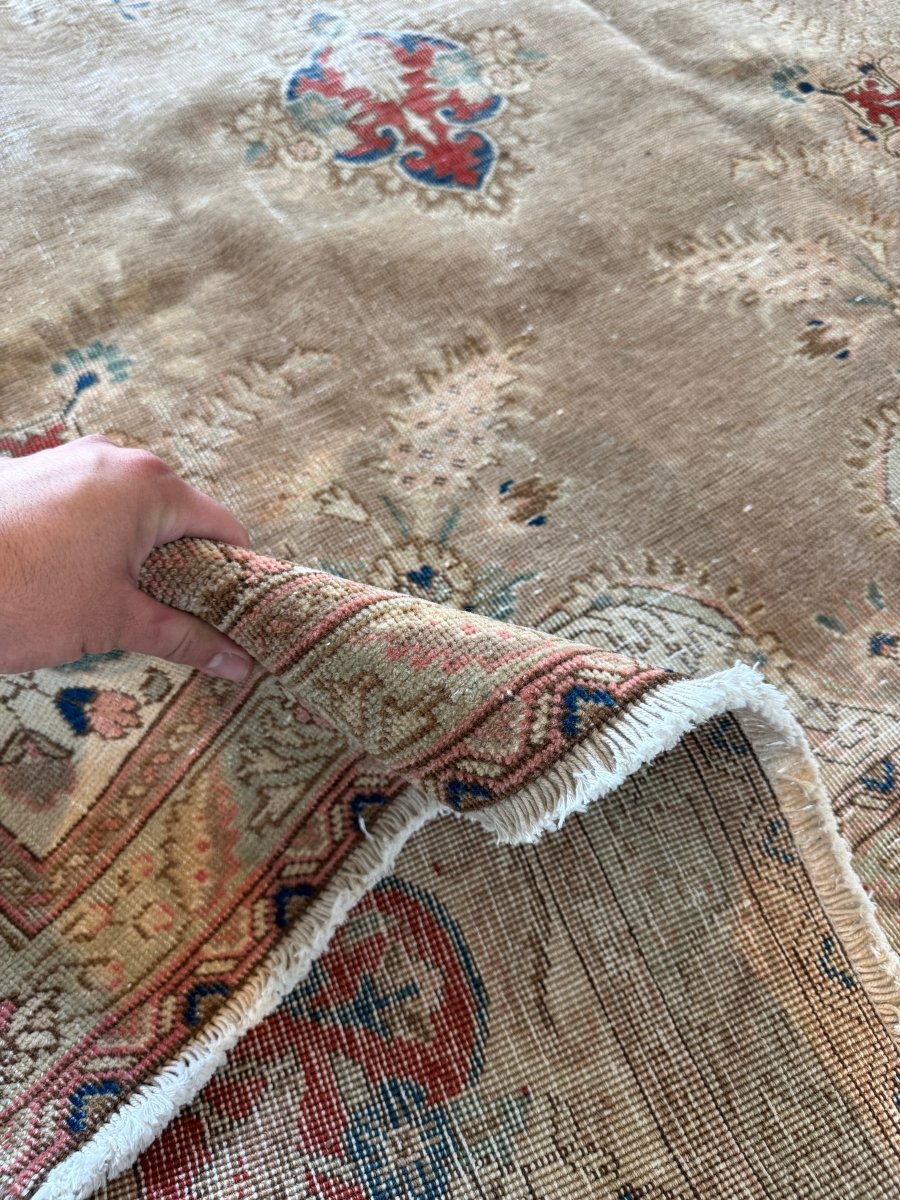 Persian Tabriz Rug — Ruby Florals on Soft Taupe | 7'5" × 11'4"