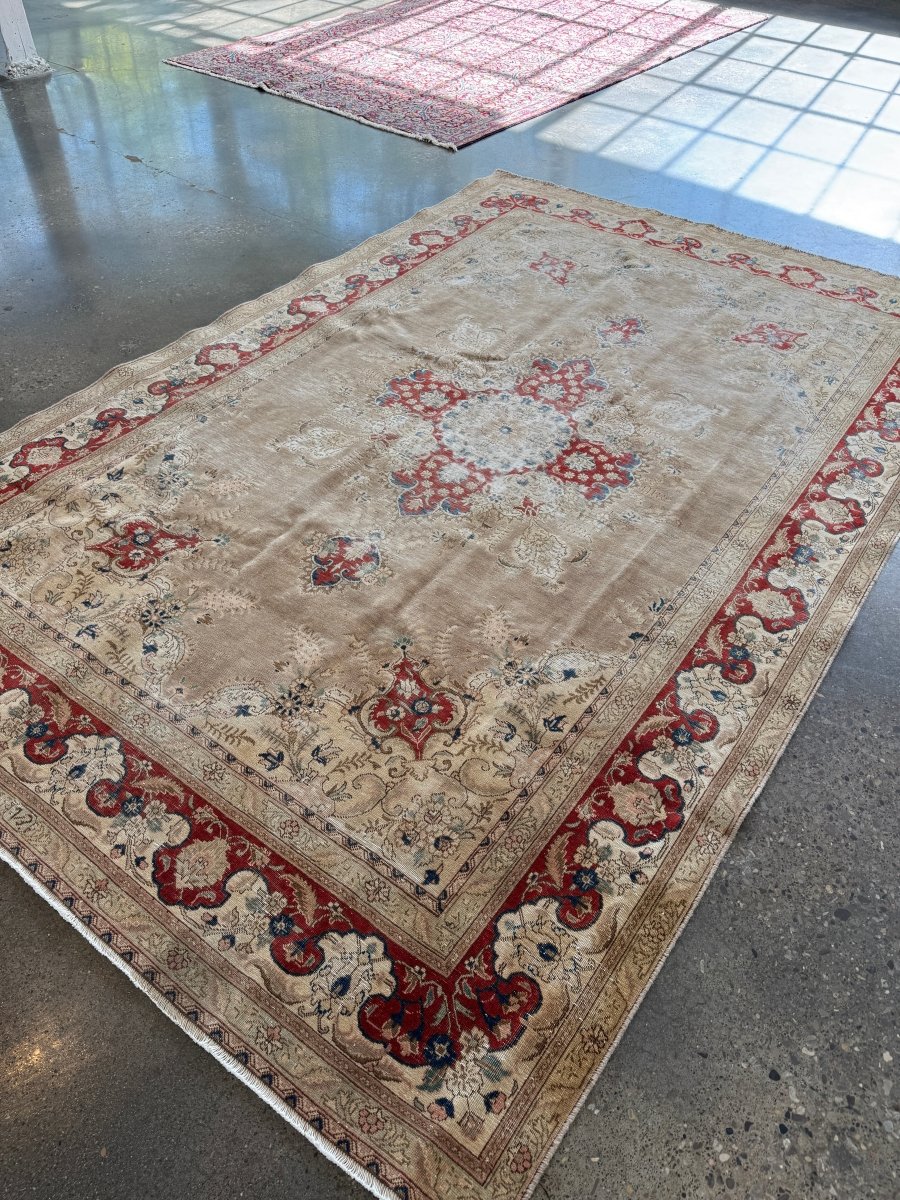 Persian Tabriz Rug — Ruby Florals on Soft Taupe | 7'5" × 11'4"