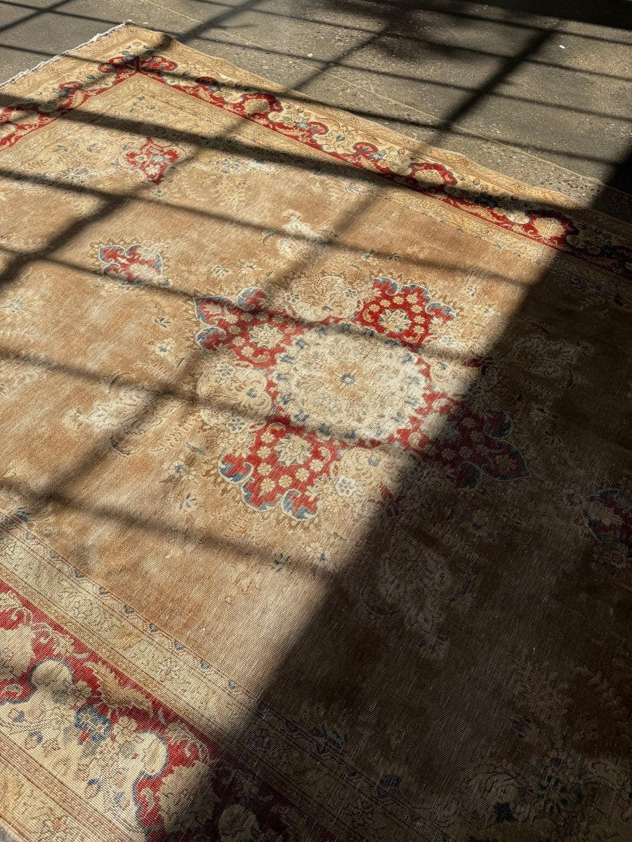 Persian Tabriz Rug — Ruby Florals on Soft Taupe | 7'5" × 11'4"