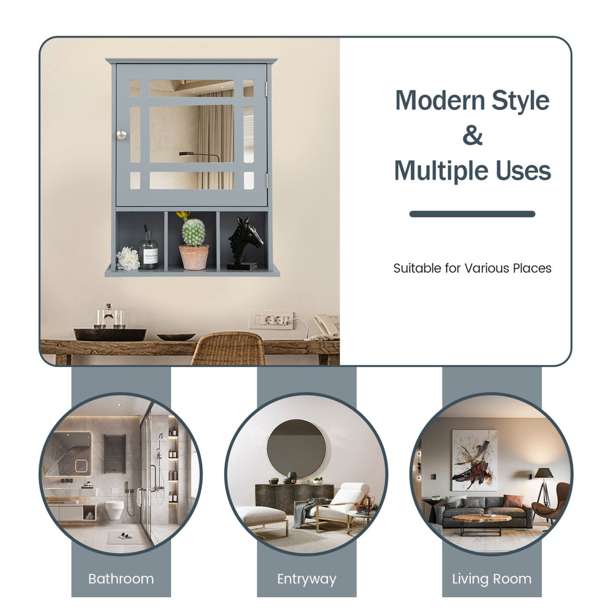 Armoire de salle de bain murale avec miroir - Gris