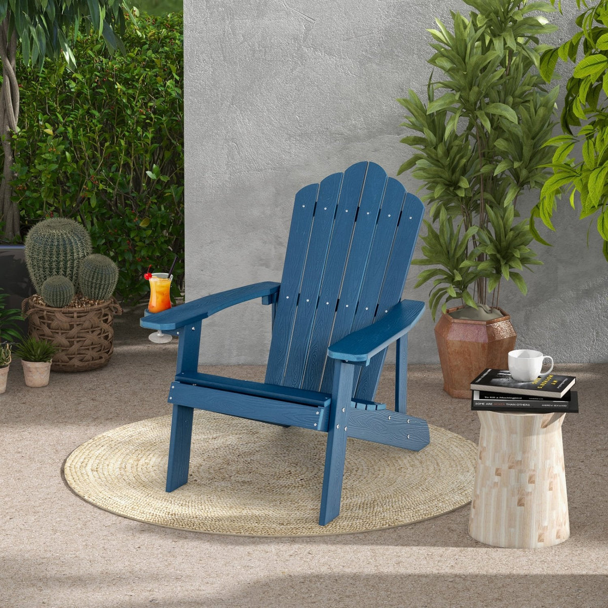 Chaise Adirondack d'extérieur en HIPS résistant aux intempéries avec porte-gobelet – Bleu marine
