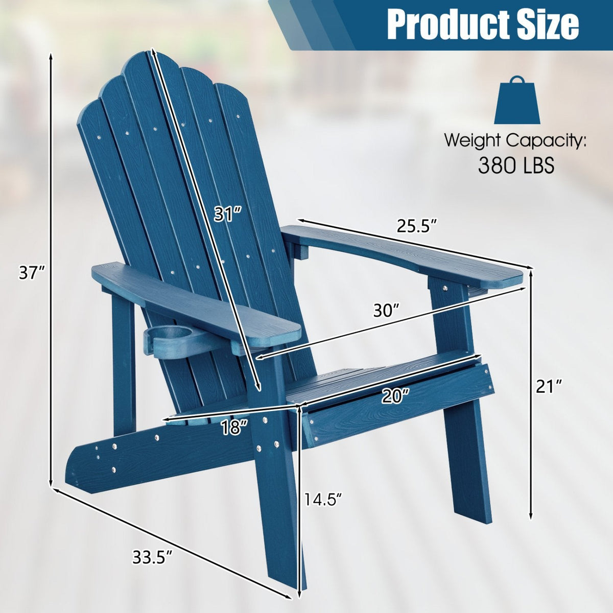 Chaise Adirondack d'extérieur en HIPS résistant aux intempéries avec porte-gobelet – Bleu marine