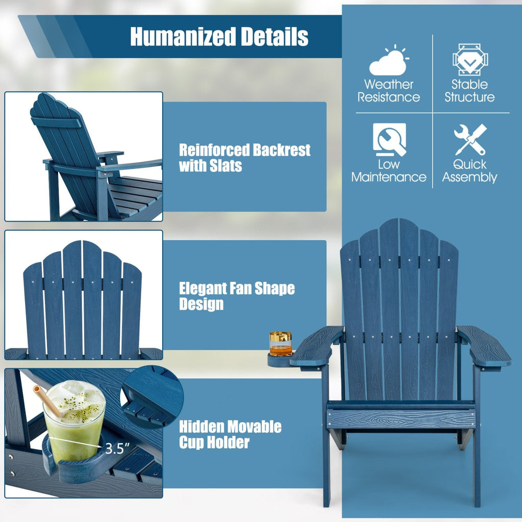 Chaise Adirondack d'extérieur en HIPS résistant aux intempéries avec porte-gobelet – Bleu marine