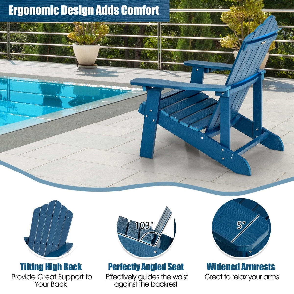 Chaise Adirondack d'extérieur en HIPS résistant aux intempéries avec porte-gobelet – Bleu marine