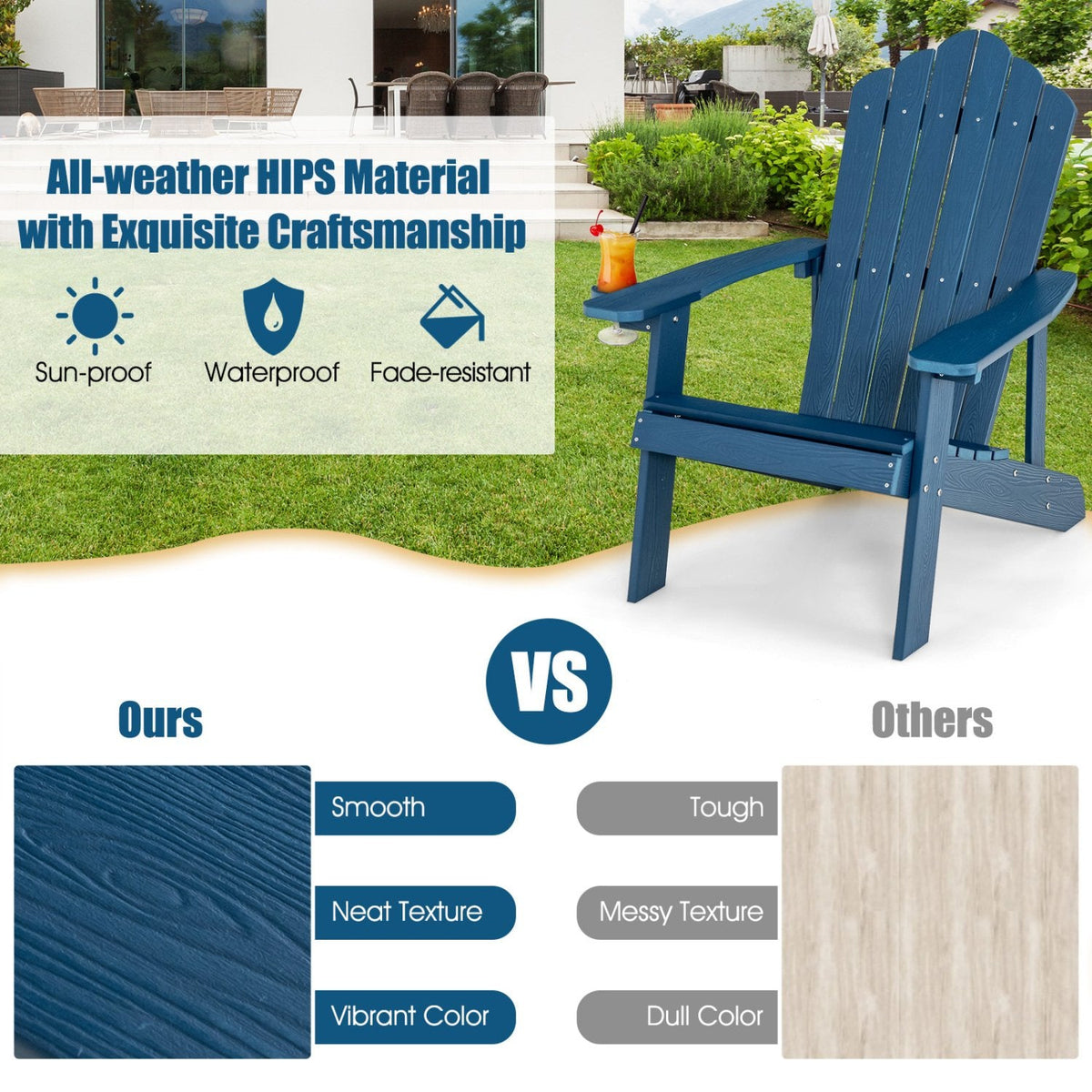 Chaise Adirondack d'extérieur en HIPS résistant aux intempéries avec porte-gobelet – Bleu marine
