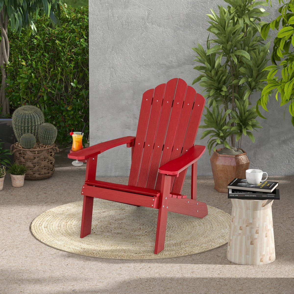 Chaise Adirondack d'extérieur en HIPS résistant aux intempéries avec porte-gobelet - Rouge