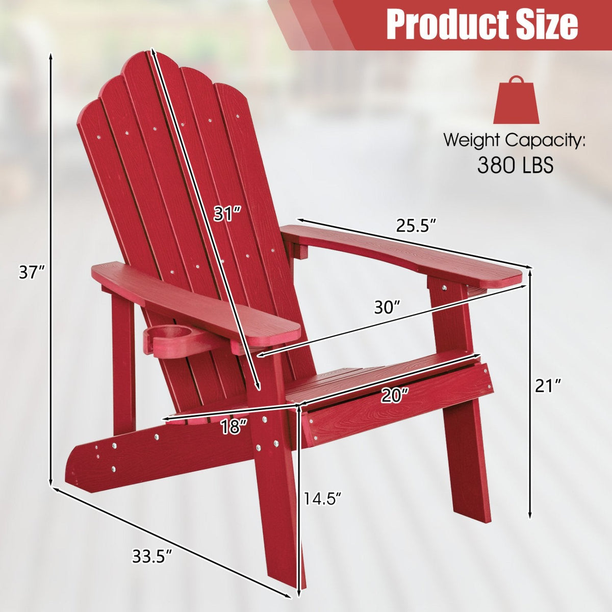 Chaise Adirondack d'extérieur en HIPS résistant aux intempéries avec porte-gobelet - Rouge