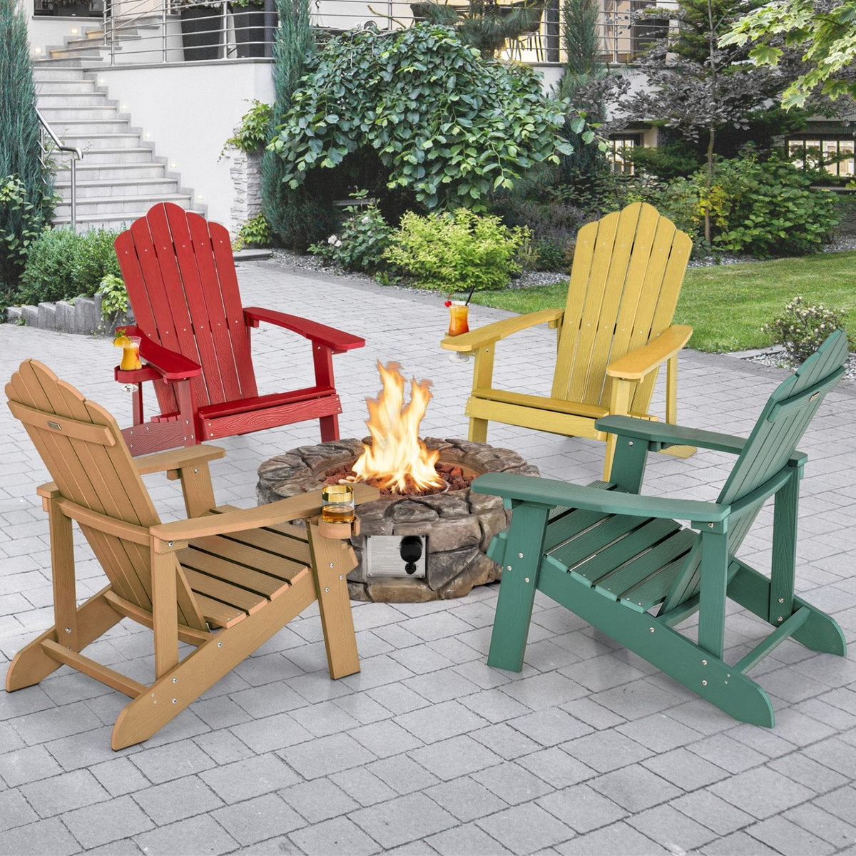Chaise Adirondack d'extérieur en HIPS résistant aux intempéries avec porte-gobelet - Rouge