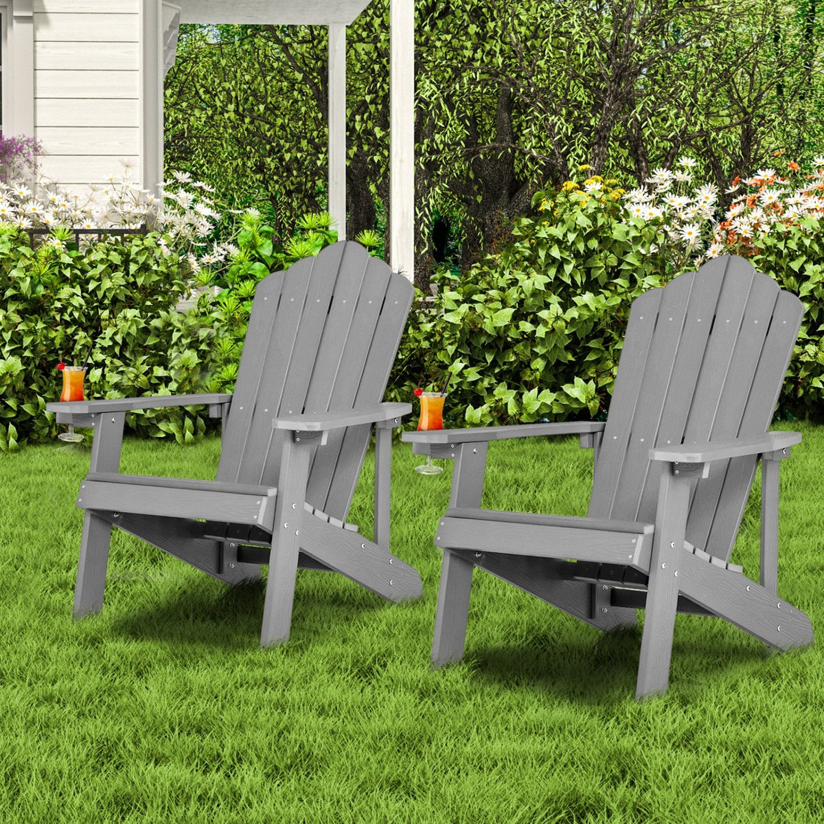 Wetterfester Adirondack-Outdoor-Stuhl aus HIPS mit Getränkehalter – Grau