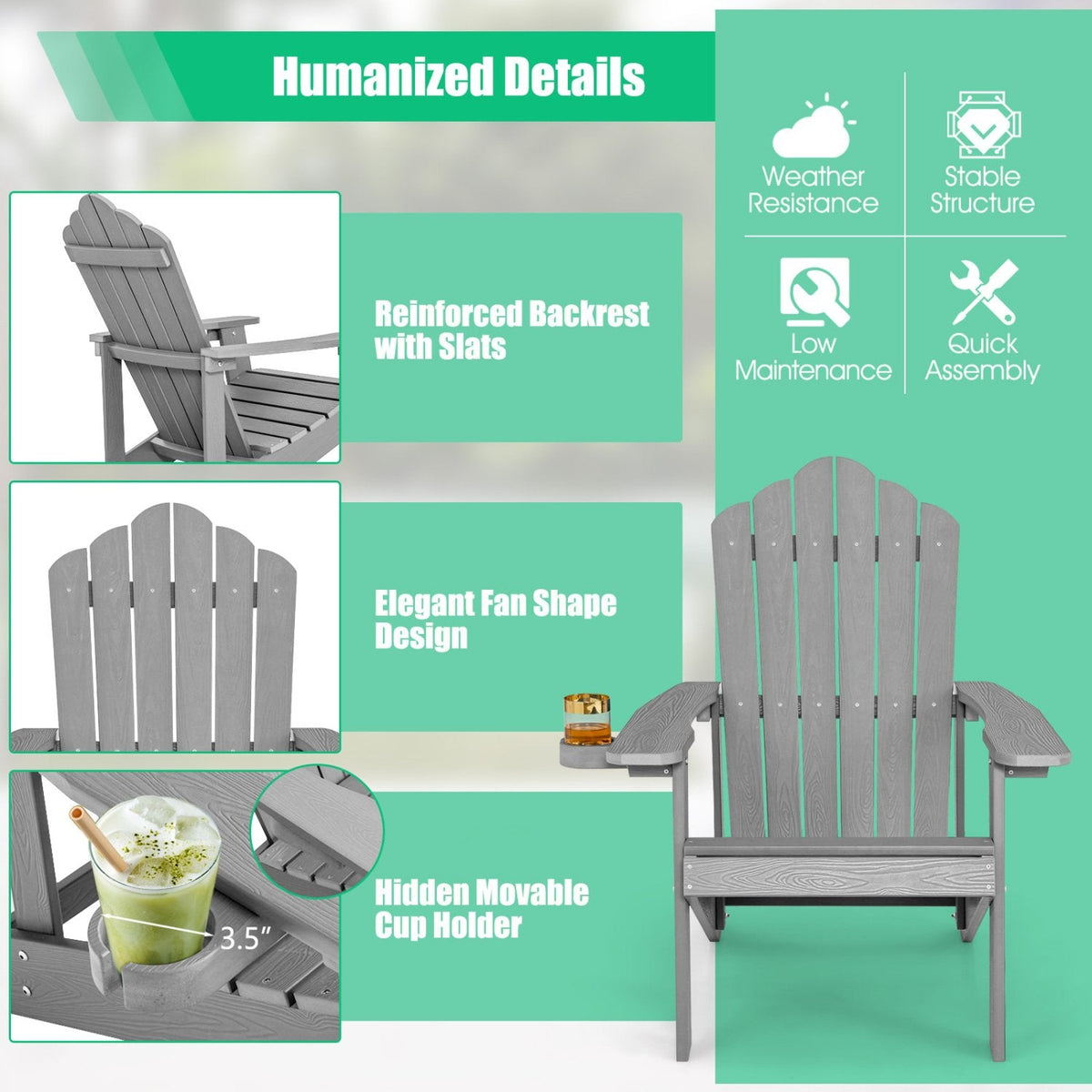 Wetterfester Adirondack-Outdoor-Stuhl aus HIPS mit Getränkehalter – Grau
