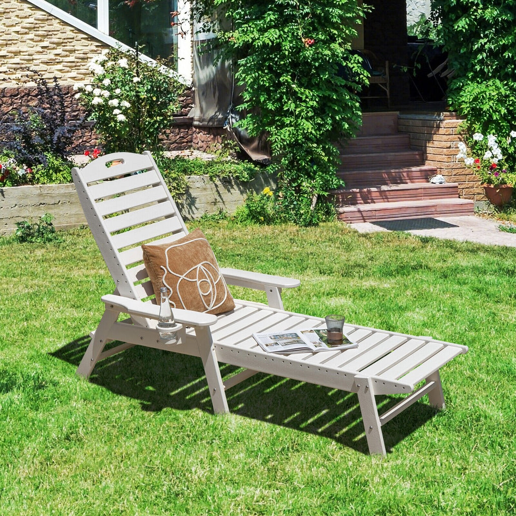 Sillón de HDPE resistente a la intemperie con portavasos móvil y 5 posiciones, blanco