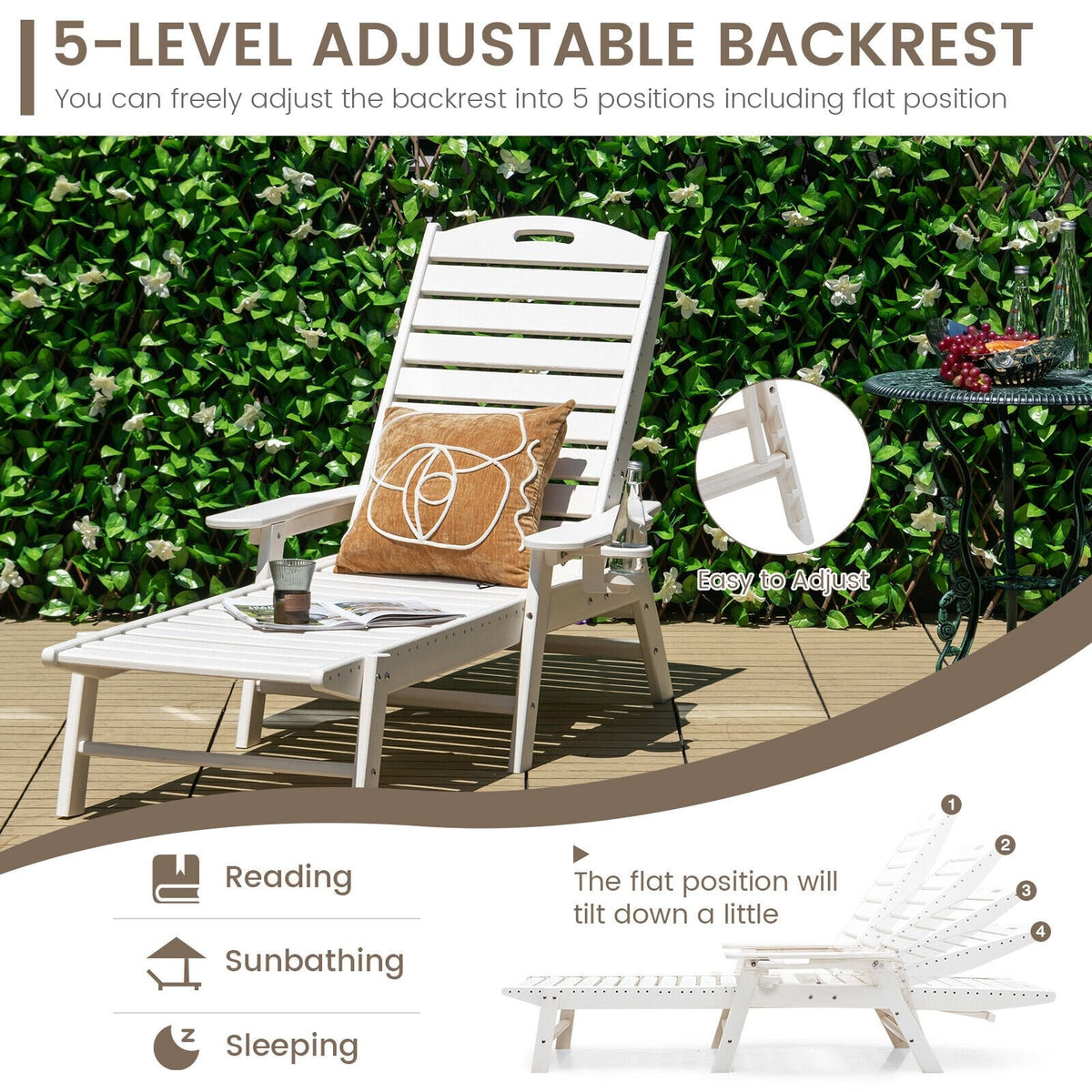 Sillón de HDPE resistente a la intemperie con portavasos móvil y 5 posiciones, blanco