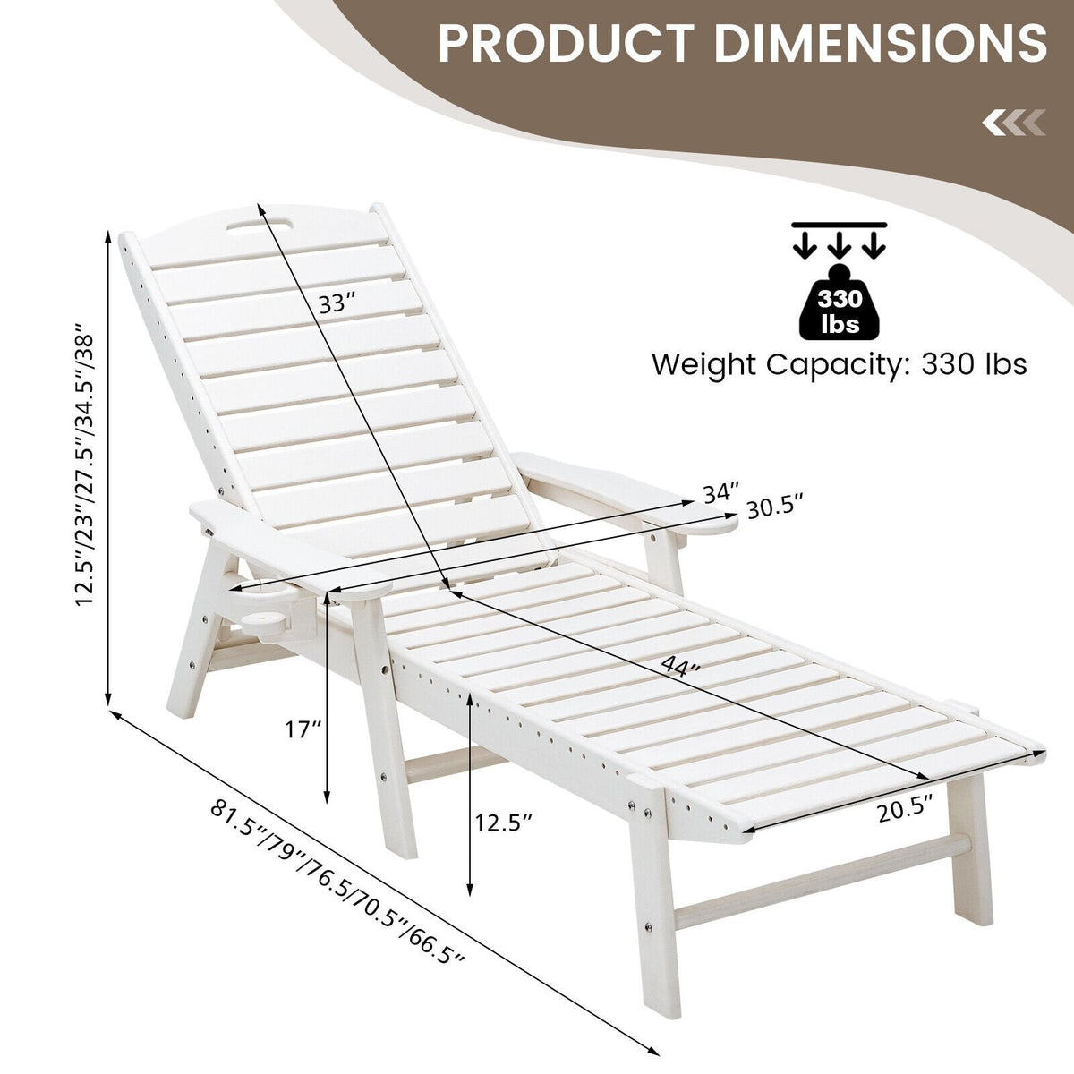 Sillón de HDPE resistente a la intemperie con portavasos móvil y 5 posiciones, blanco