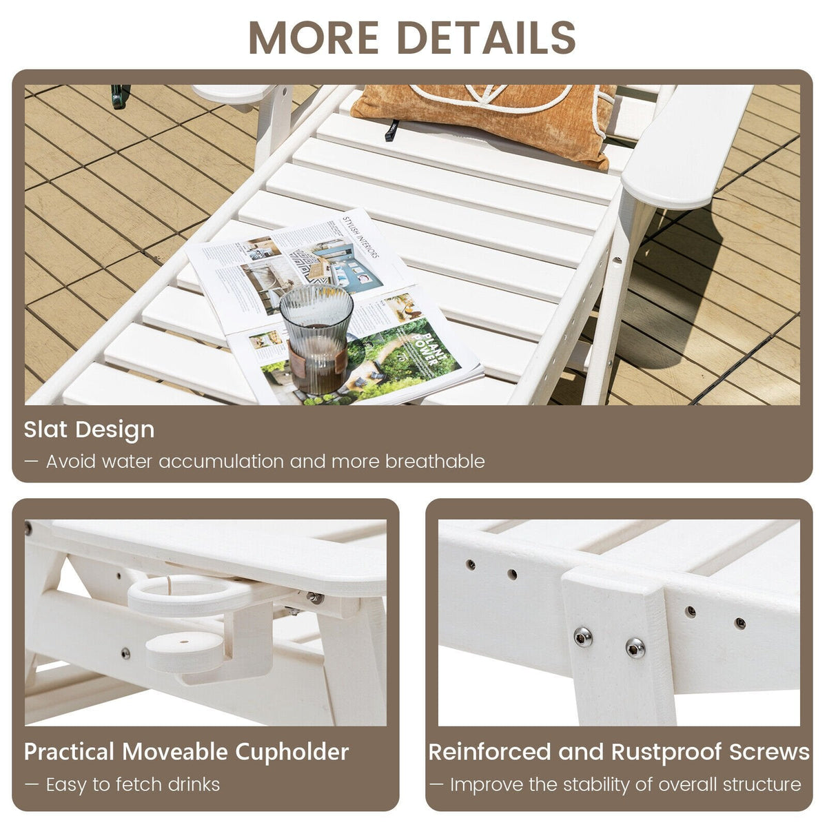 Sillón de HDPE resistente a la intemperie con portavasos móvil y 5 posiciones, blanco