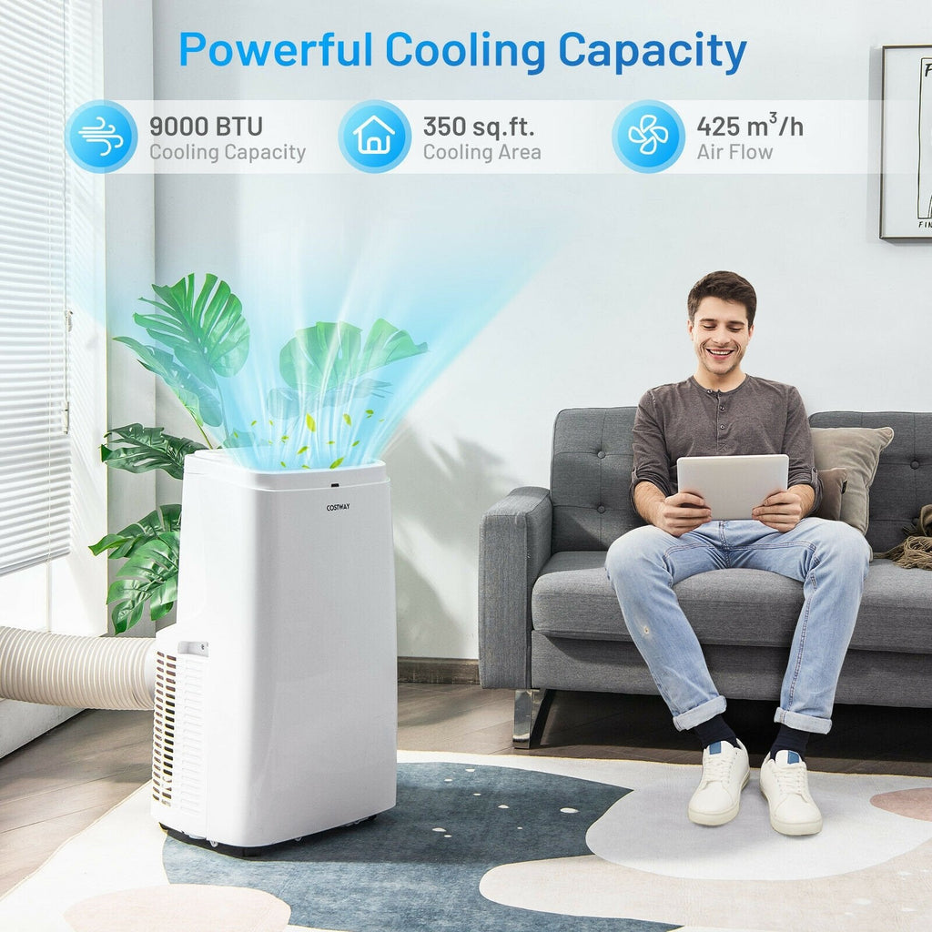 Aire acondicionado portátil 3 en 1 de 9000 BTU con control remoto, blanco, para 350 pies cuadrados, 3 velocidades de ventilador