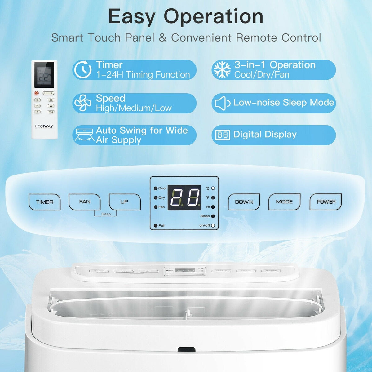 Aire acondicionado portátil 3 en 1 de 9000 BTU con control remoto, blanco, para 350 pies cuadrados, 3 velocidades de ventilador