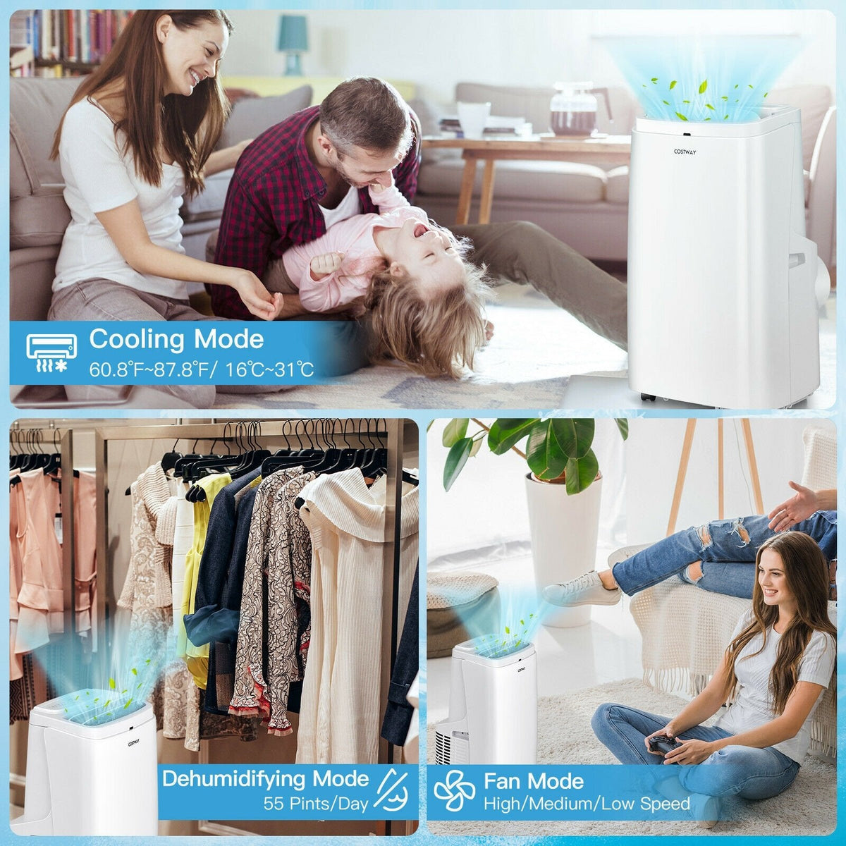 Aire acondicionado portátil 3 en 1 de 9000 BTU con control remoto, blanco, para 350 pies cuadrados, 3 velocidades de ventilador
