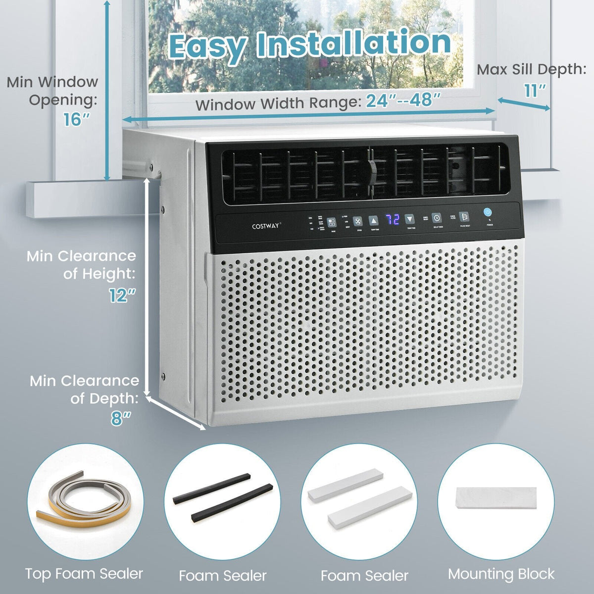 10.000-BTU-Fensterklimaanlage mit Fernbedienung und LED-Bedienfeld, für 250 sq ft, 42 dB