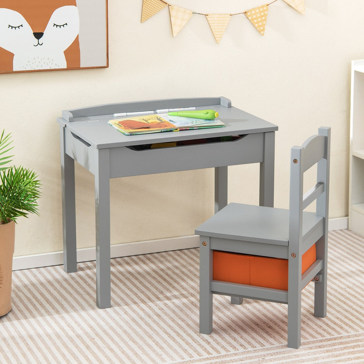 Ensemble Table et Chaises en Bois pour Enfants avec Rangement Intégré – Gris