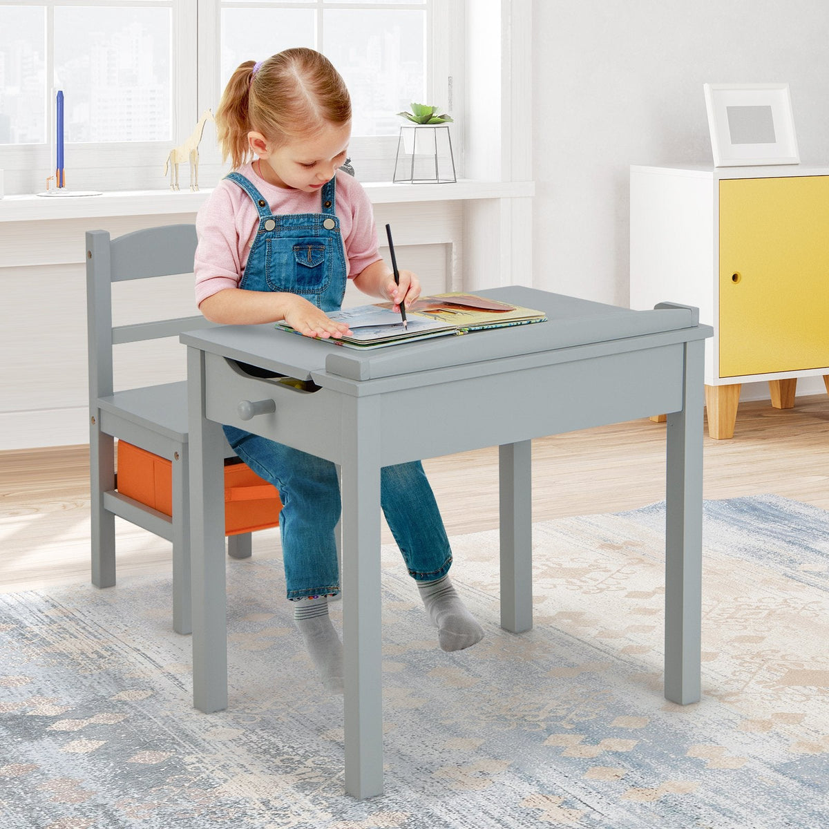 Ensemble Table et Chaises en Bois pour Enfants avec Rangement Intégré – Gris