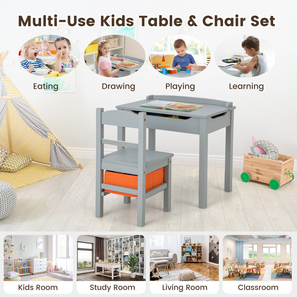 Ensemble Table et Chaises en Bois pour Enfants avec Rangement Intégré – Gris