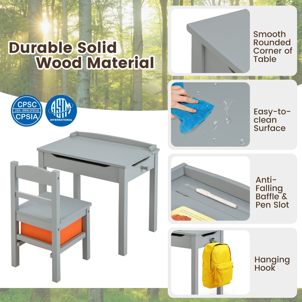Ensemble Table et Chaises en Bois pour Enfants avec Rangement Intégré – Gris