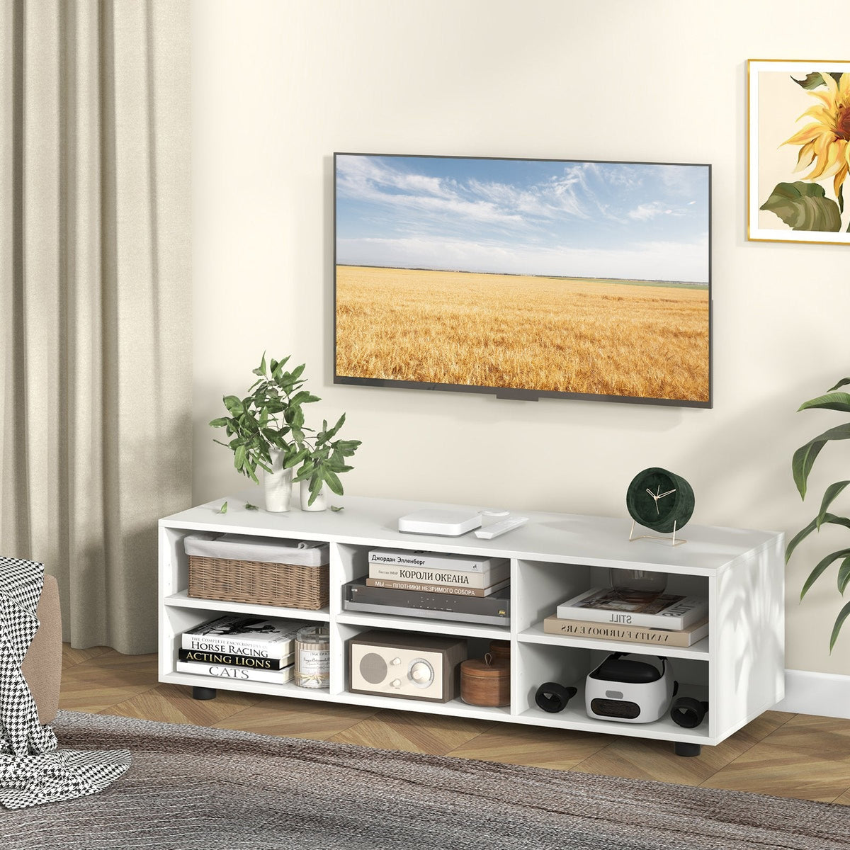 Meuble TV pour téléviseur jusqu'à 55 pouces avec 6 compartiments de rangement - Blanc