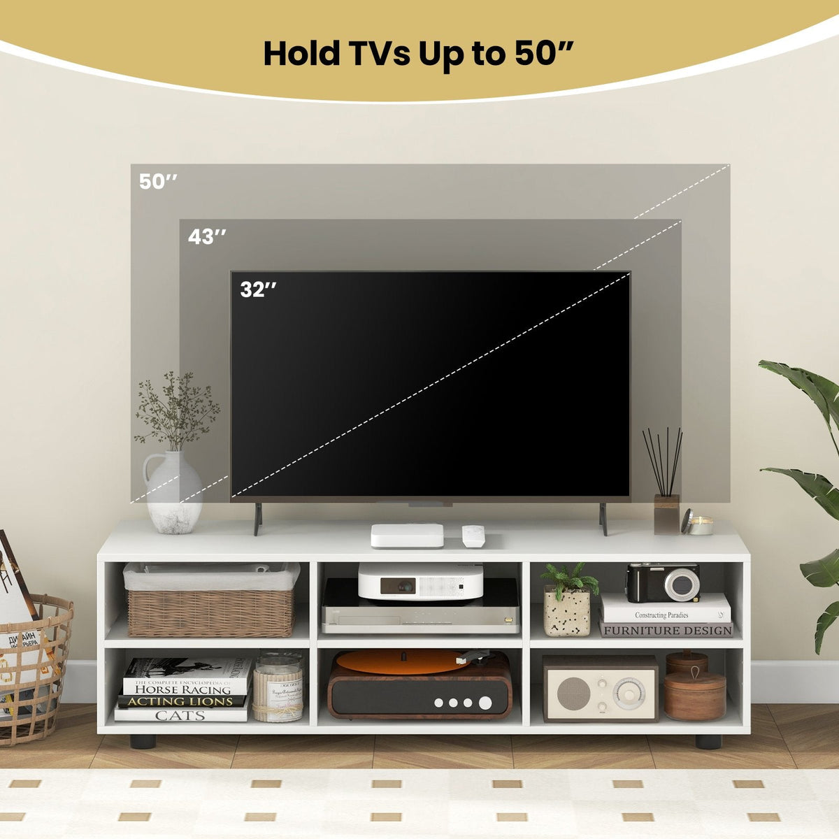 Meuble TV pour téléviseur jusqu'à 55 pouces avec 6 compartiments de rangement - Blanc
