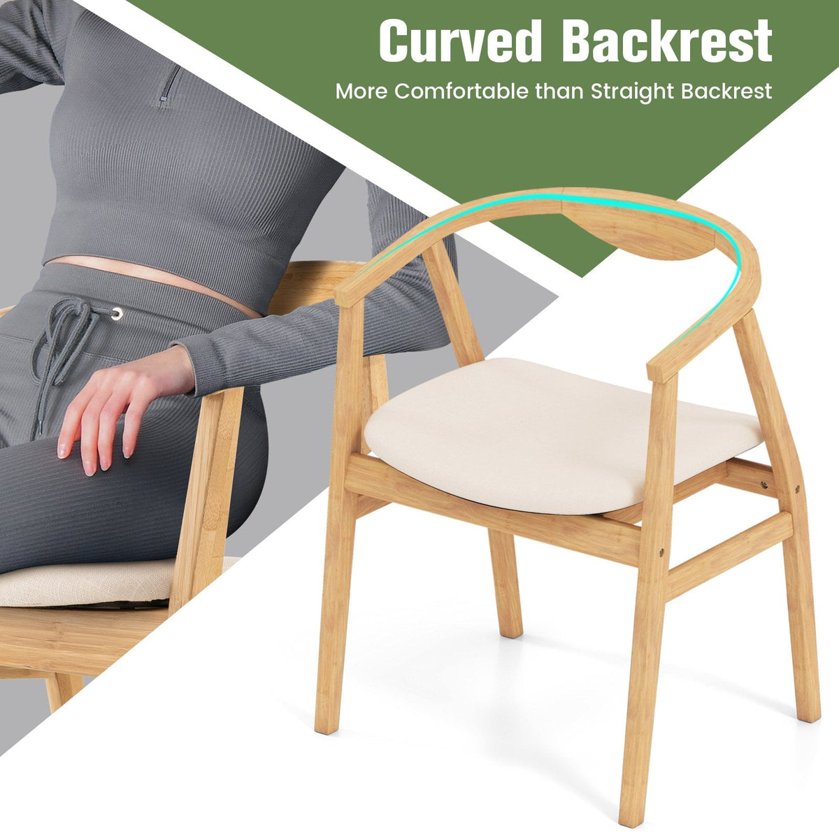 Silla decorativa de bambú con reposabrazos y respaldo curvo - Natural