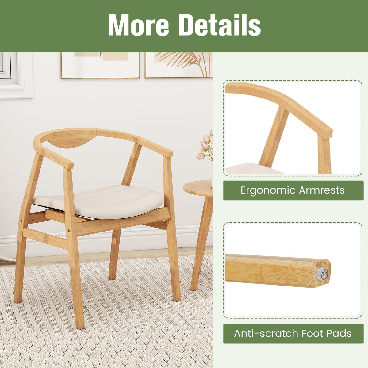 Silla decorativa de bambú con reposabrazos y respaldo curvo - Natural
