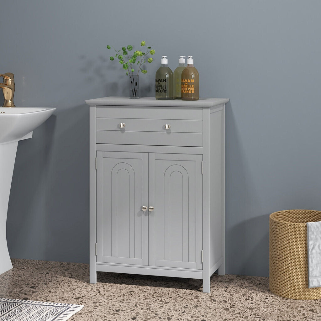 Meuble de salle de bain sur pied en bois avec tiroir et étagère réglable - Gris