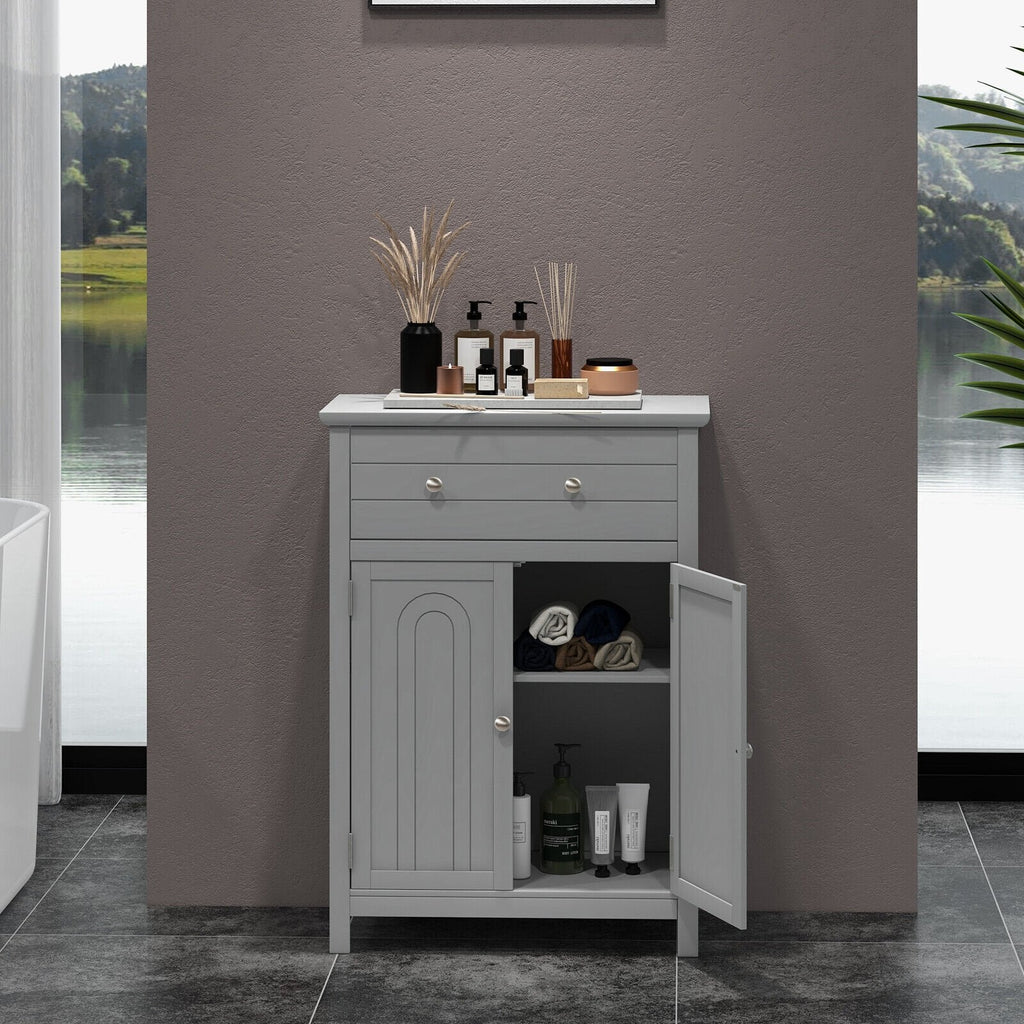Meuble de salle de bain sur pied en bois avec tiroir et étagère réglable - Gris