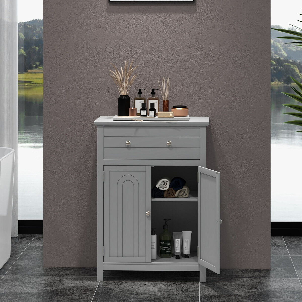 Meuble de salle de bain sur pied en bois avec tiroir et étagère réglable - Gris