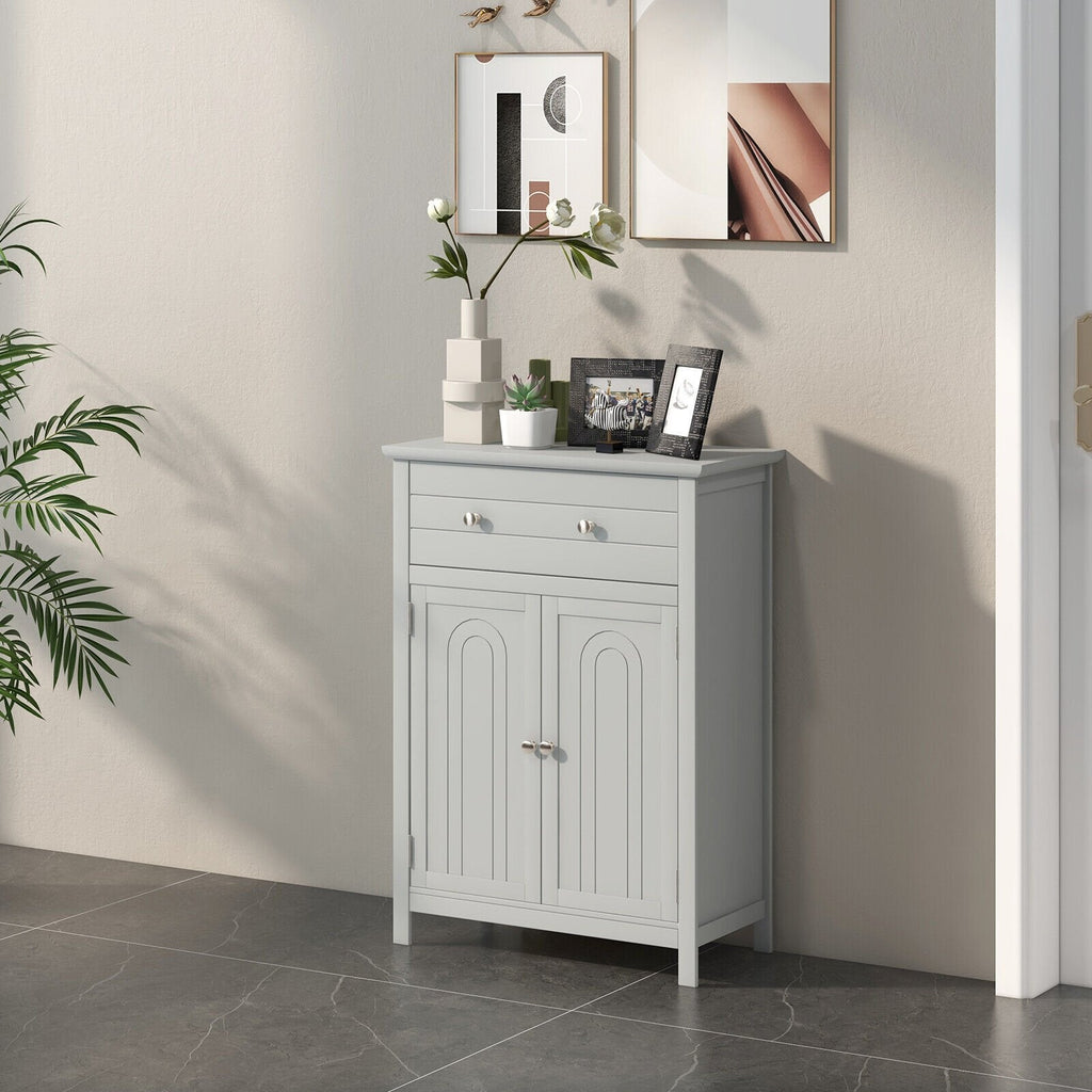 Meuble de salle de bain sur pied en bois avec tiroir et étagère réglable - Gris